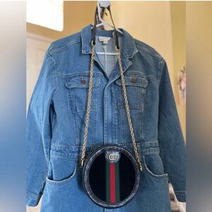 Gucci Ophidia round suede crossbody with leather trimming.